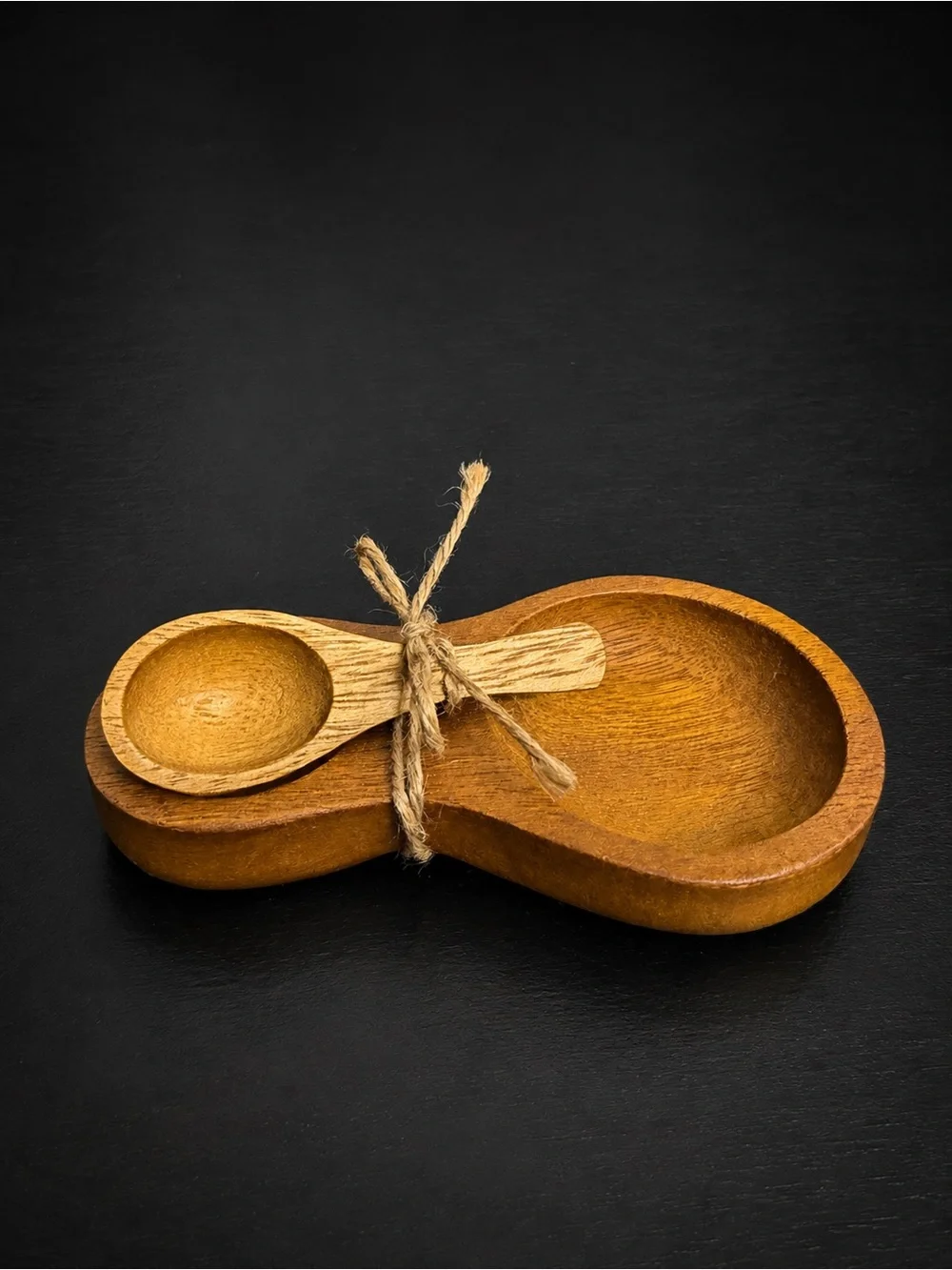 Wood Salt Pepper Cellar with Spoon Double Bowl Hand Carved Condiment Spice Dish